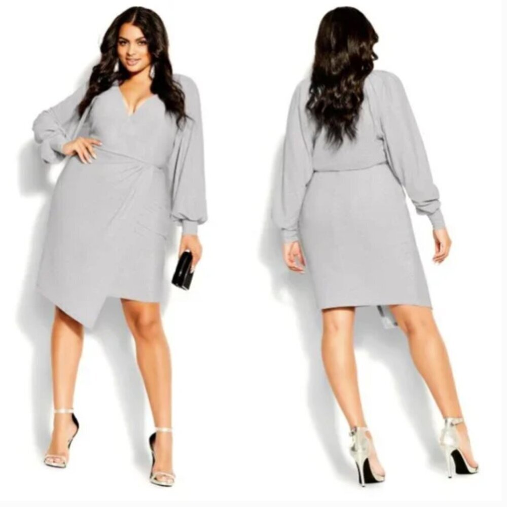 NWT City Chic Party Light Metallic Silver Faux Wrap Dress Stretch - Picture 1 of 11
